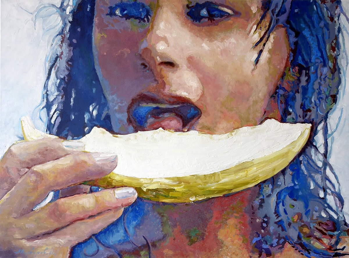 Impressionistic Portrait Oil Painting By Anatolii Varvarov, 39 X 53, Sweet Melon, Original Artwork