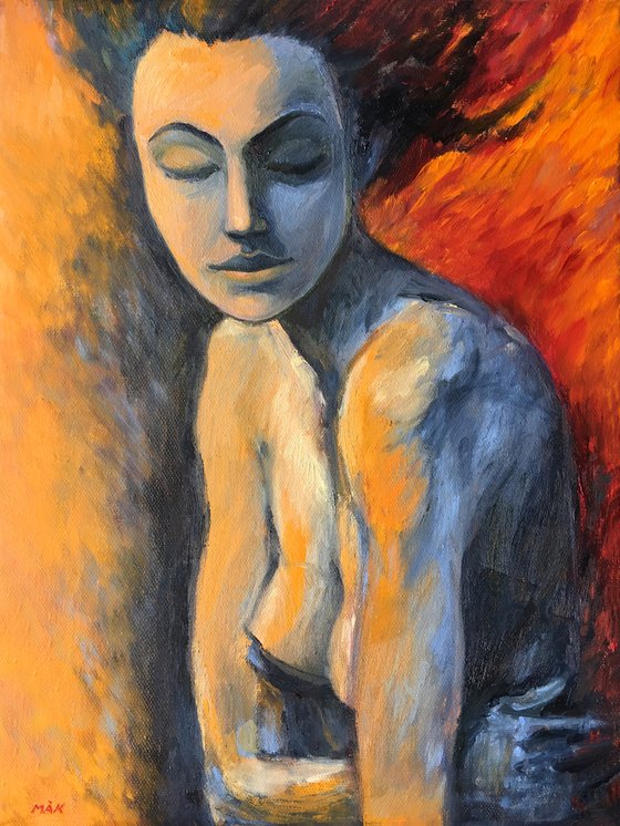BREATHING - nude woman oil painting fire water red indigo gift for him present idea