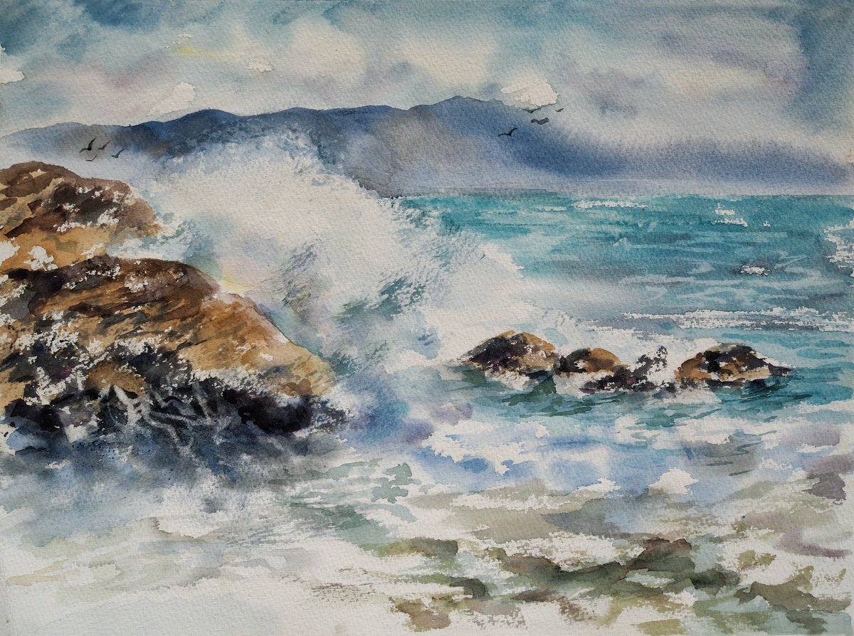 Impressionistic Landscape Watercolour By Delnara El, 15 X 11, Surf Wave In Cadaques, Spain, Original Artwork