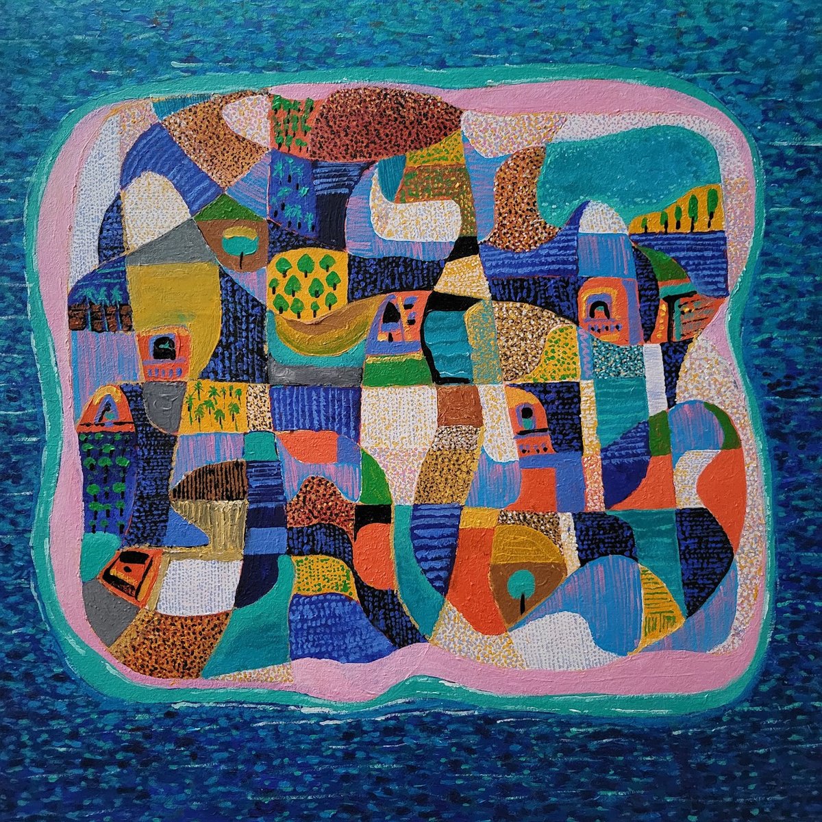 Abstract Acrylic Painting By Vadim Vaskovsky, 24 X 24", Island In The Sea, Original Artwork