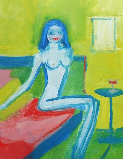CUTE EROTIC NUDE GIRL, Red Lips, Red Wine. Original Female Figurative Oil Painting. Varnished. by Tim Taylor