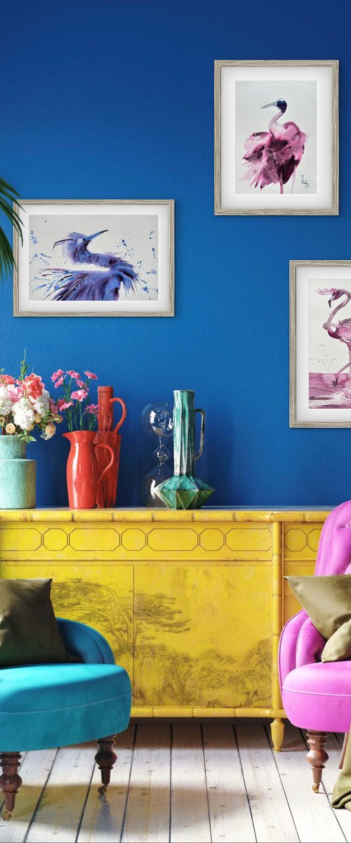 Birds: Blue Heron, Crane and Flamingo by Alla Semenova