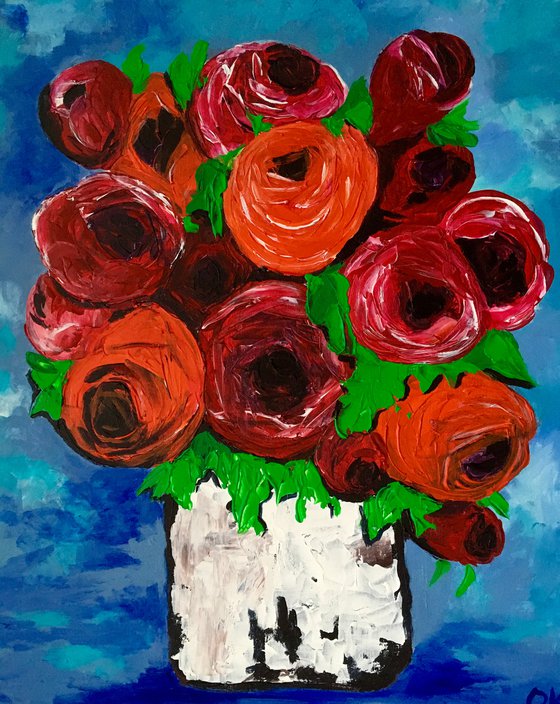 BOUQUET OF Red  Roses textured acrylic painting, palette knife artwork