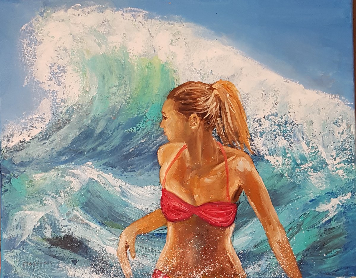 Impressionistic Landscape Painting By Els Driesen, 20 X 16, Girl With The Wave, Original Artwork