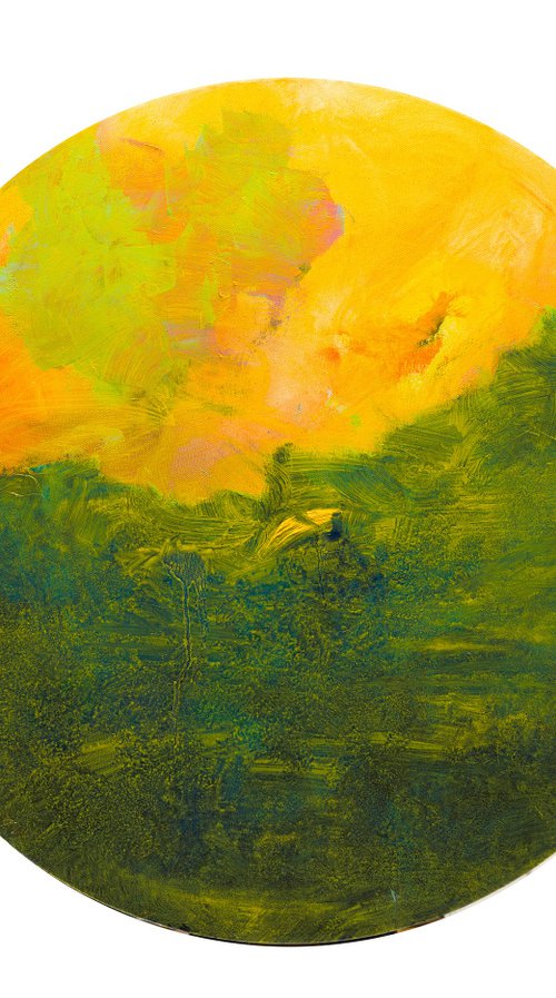 Green landscape with yellow sky - oil on circular canvas by Fabienne Monestier