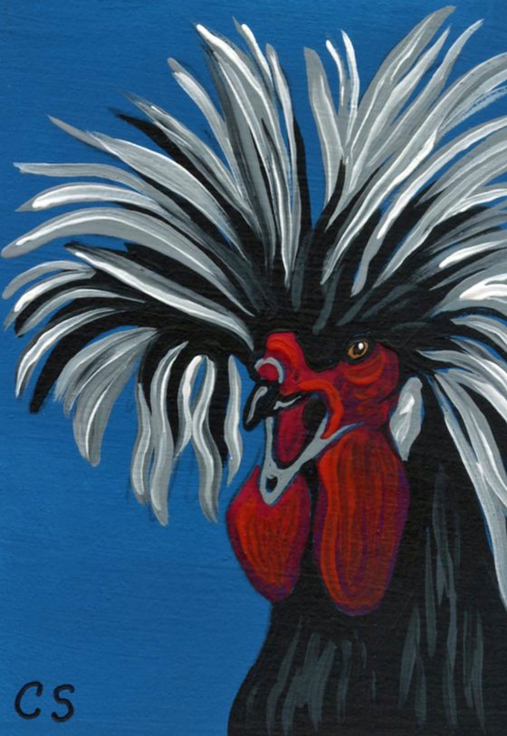 ACEO ATC Original Miniature Painting Fancy Black Chicken Farmyard Art-Carla Smale