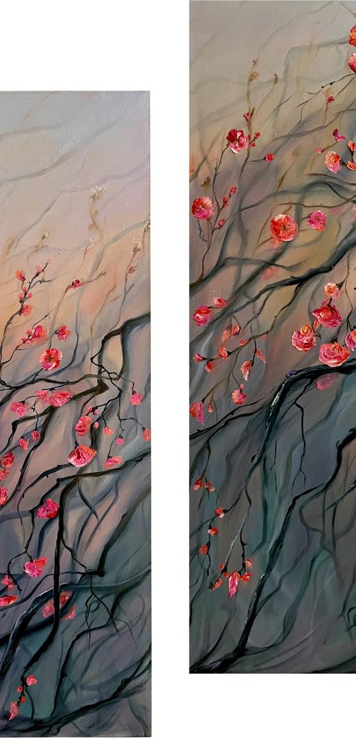 Beginning, diptych, picture with flowers, flowers, picture of a door, open door, diptych with flowers, blooming sakura, blooming tree, pink flowers, metaphorical painting, blooming tree, flowers, springtime, wicket door, wrought iron door, black door by Natalie Demina