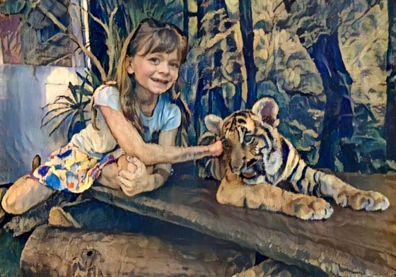 in the style of an Aubusson tapestry, caressing a tiger