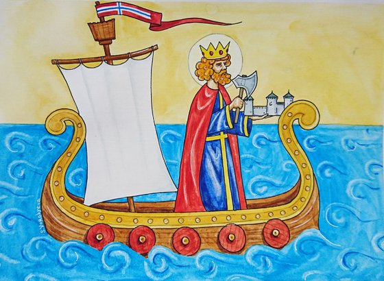 The Saint Olaf on boat. Watercolor