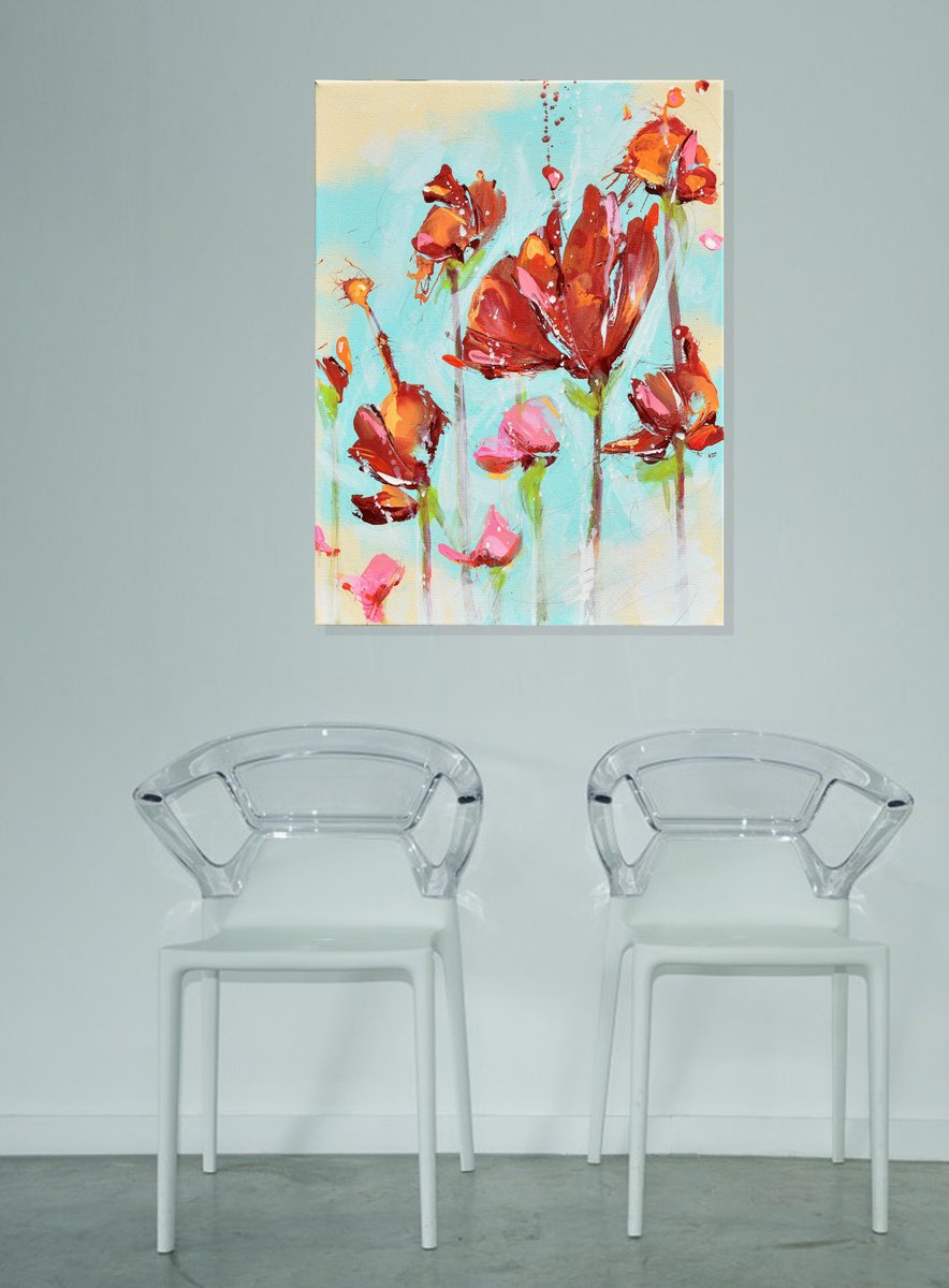 Abstract Botanical Acrylic Painting By Cynthia Ligeros, 12 X 16, Dance Of The Tulips, Original Artwork