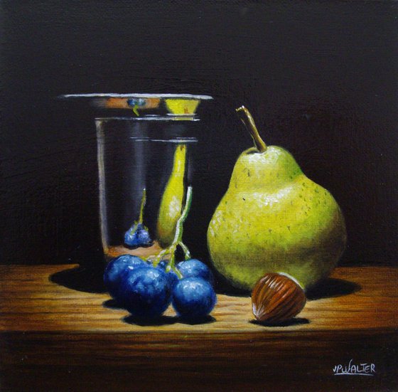 Pear and grape in silver goblet