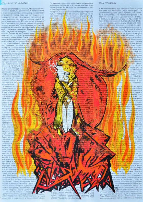 Burning Lady - Collage Art on Vintage Page