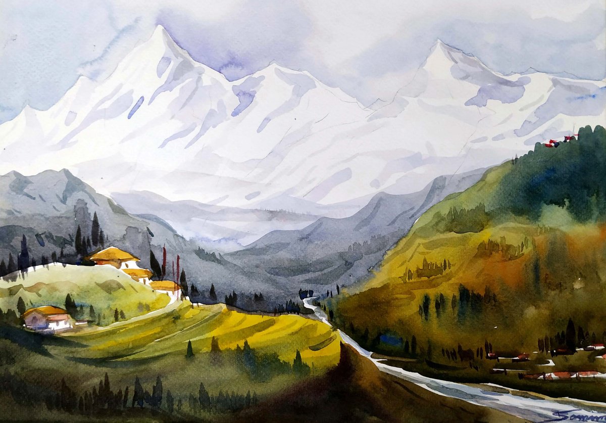 Impressionistic Landscape Watercolour By Samiran Sarkar, 14 X 10", Beauty Of Mountain Himalaya, Original Artwork