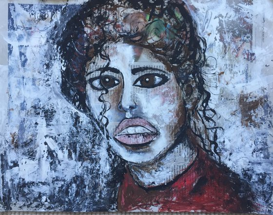 Girl in Red Art on Newspaper Face Art Woman Portrait Sexy Look 37x29cm Gift Ideas Original Art Modern Art Contemporary Painting Abstract Art For Sale Free Shipping