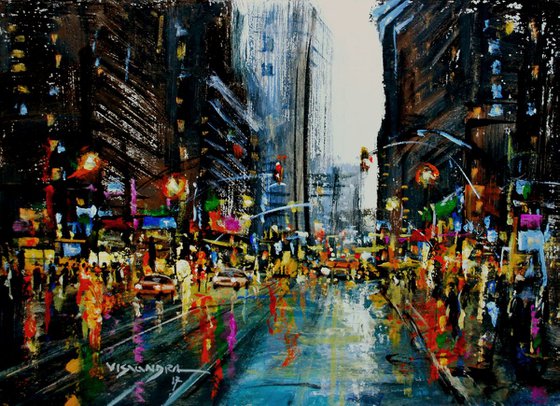 New York city in Rain8, 16x12 in Acrylic painting by Vishalandra Dakur ...