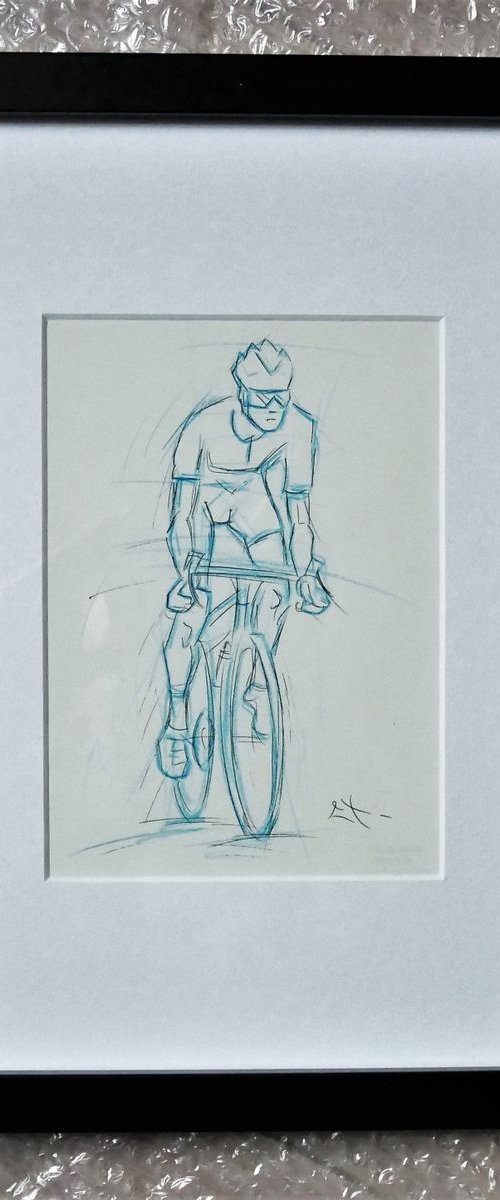 Esquisse crayon bleu et encre, Cycliste, Encadré 24 x 32 cm by Lionel Le Jeune