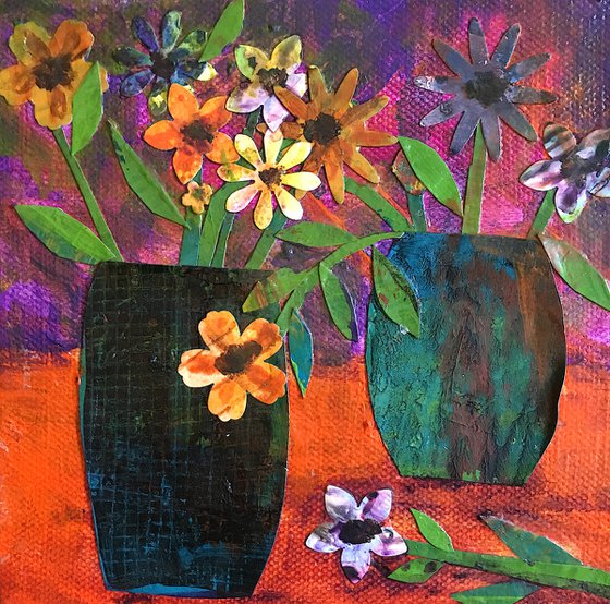 2 vases of flowers - orange canvas