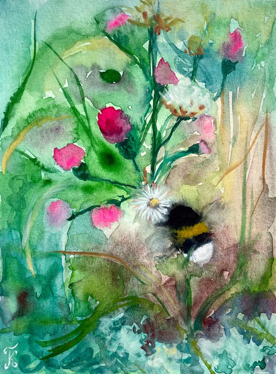 Bee Original Watercolor Painting, Bumble Bee Artwork, Summer Wall Art, Cottagecore Aesthetics