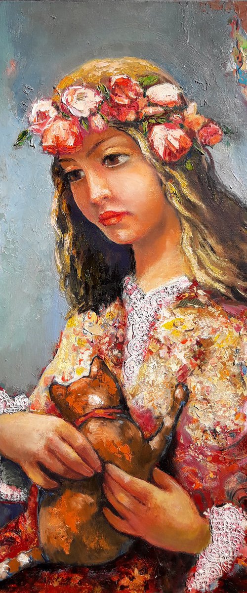 Girl with cat(80x60cm, oil painting, ready to hang) by Sergey Xachatryan