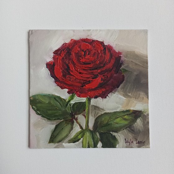 Red rose oil painting mini wall art 6x6"