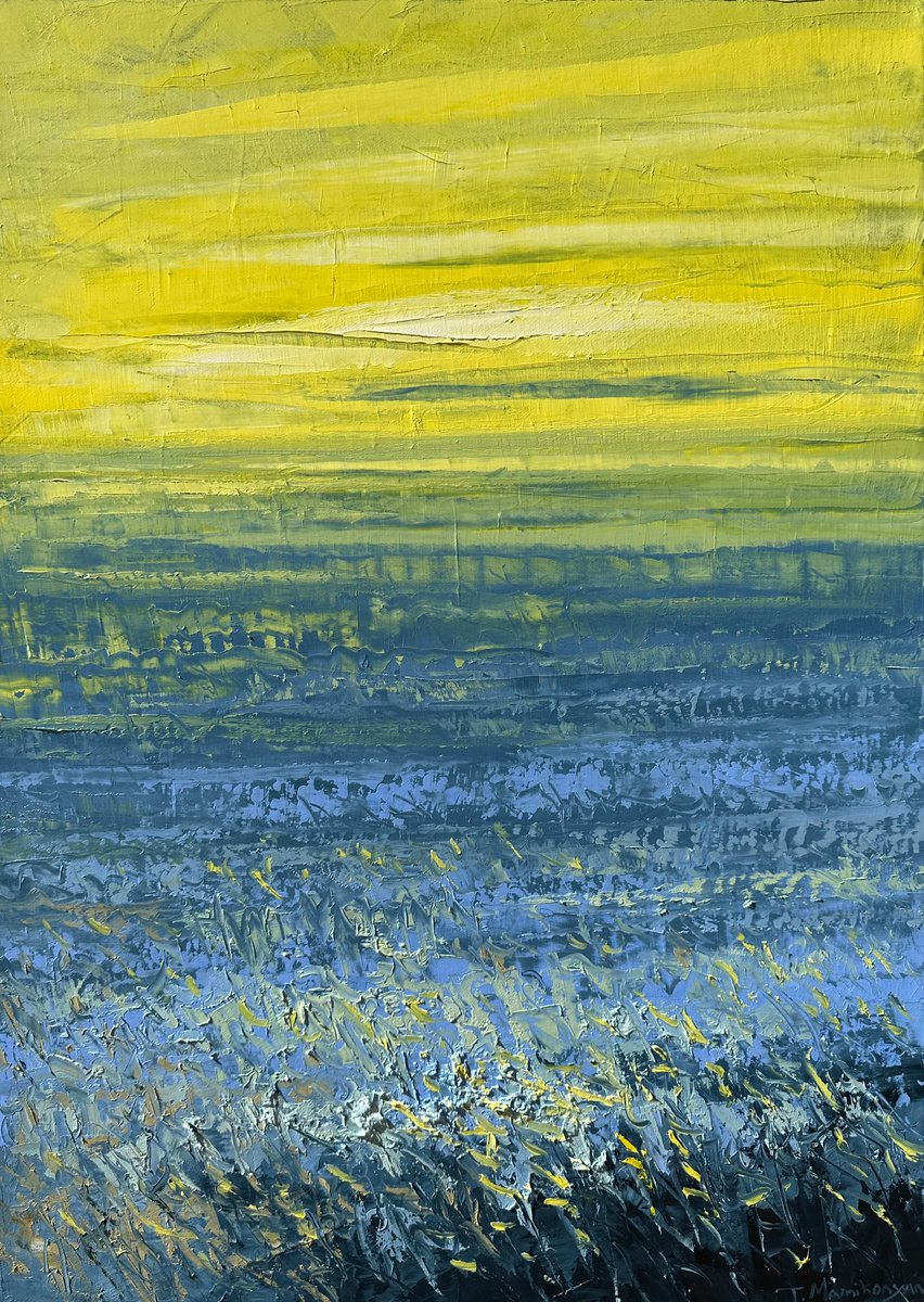 Impressionistic Landscape Oil Painting By Tigran Mamikonyan, 20 X 28", Field At Sunrise B23 50X70Cm, Original Artwork