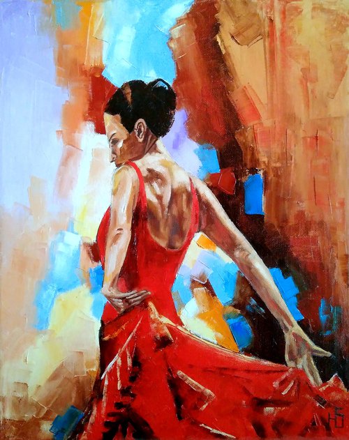 Flamenco dancer 3, Flamenco Painting Dancer Original Art Female Figure Artwork 40x50 cm ready to hang by Yulia Berseneva