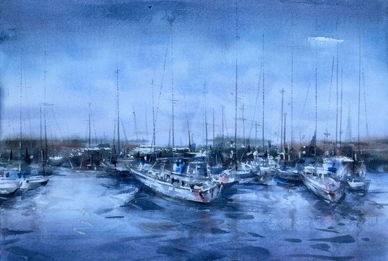 Boats at sunset. One of a kind, original painting, handmad work, gift, watercolour art.