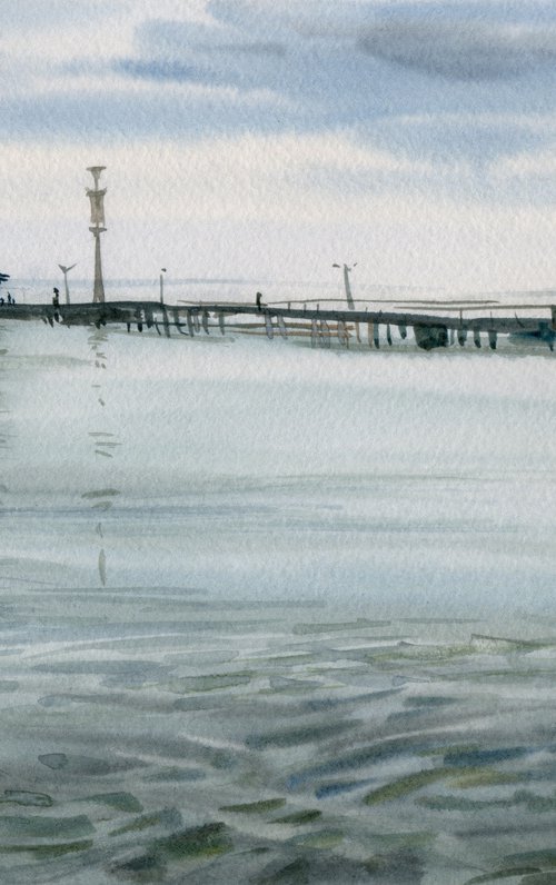 Sea and pier. Watercolour by Marina Trushnikova. Seascape with calm water by Marina Trushnikova