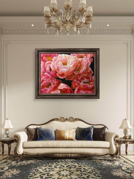Red peonies on dark background