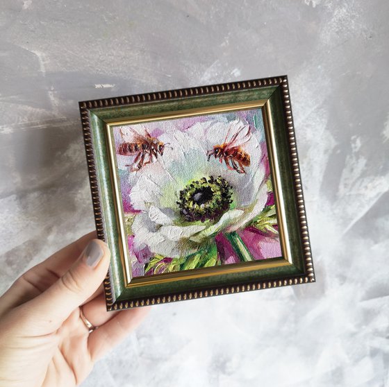 White flower oil painting original on canvas Bee artwork small framed art mini painting 4x4