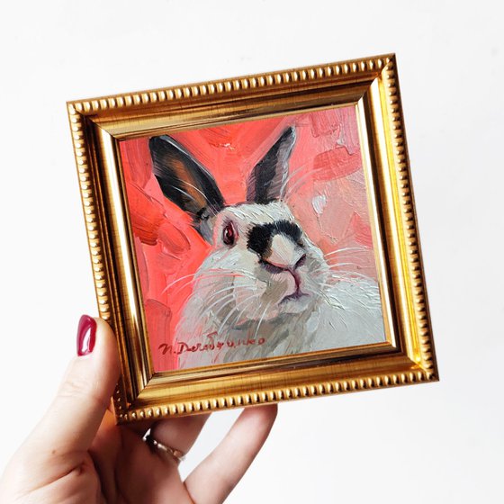 Rabbit painting original framed 4x4, Small painting hot pink cute rabbit artwork