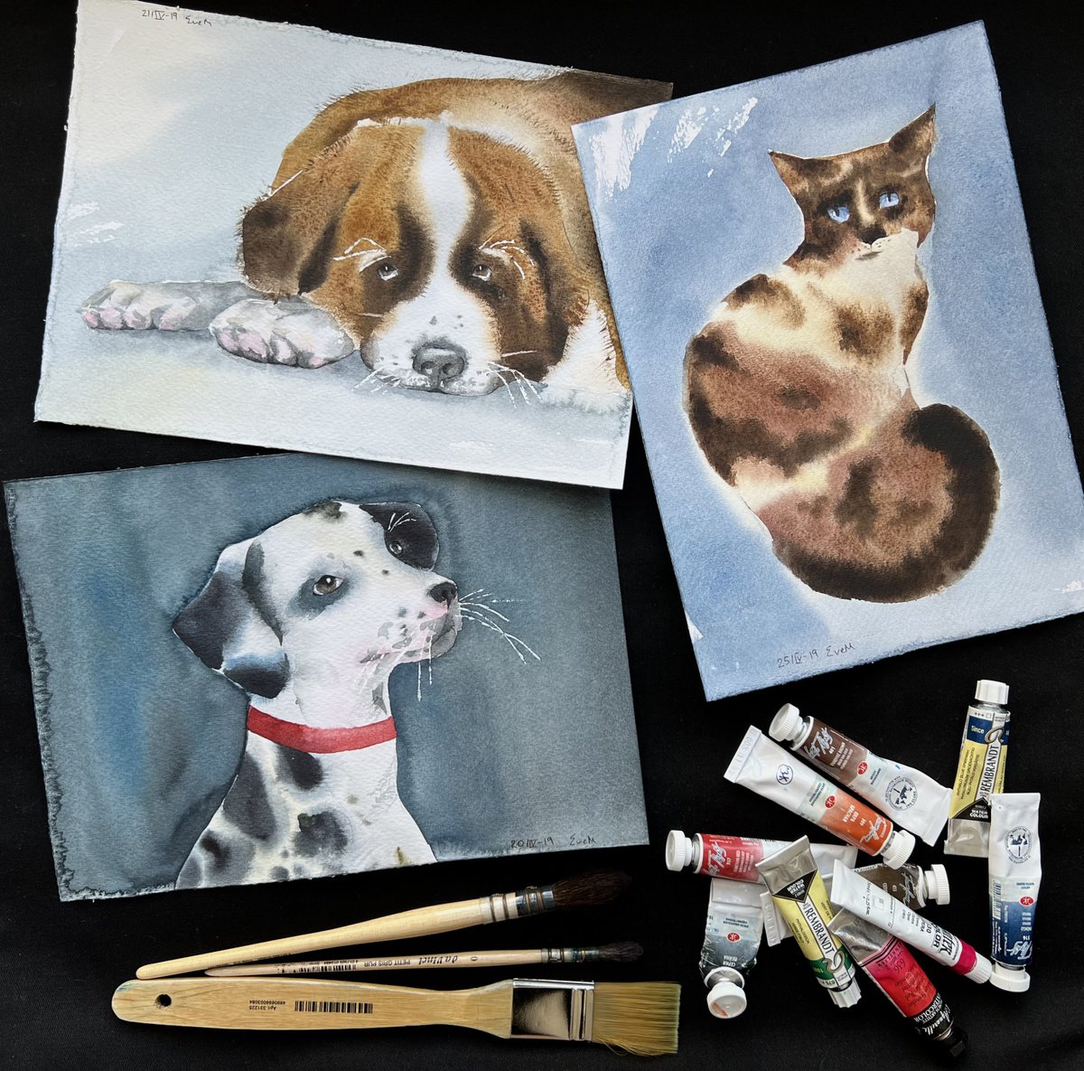 Set of three artworks with pets - St. Bernard dog, Dalmatian dog and spotted cat. Original... by Evgeniya Mokeeva