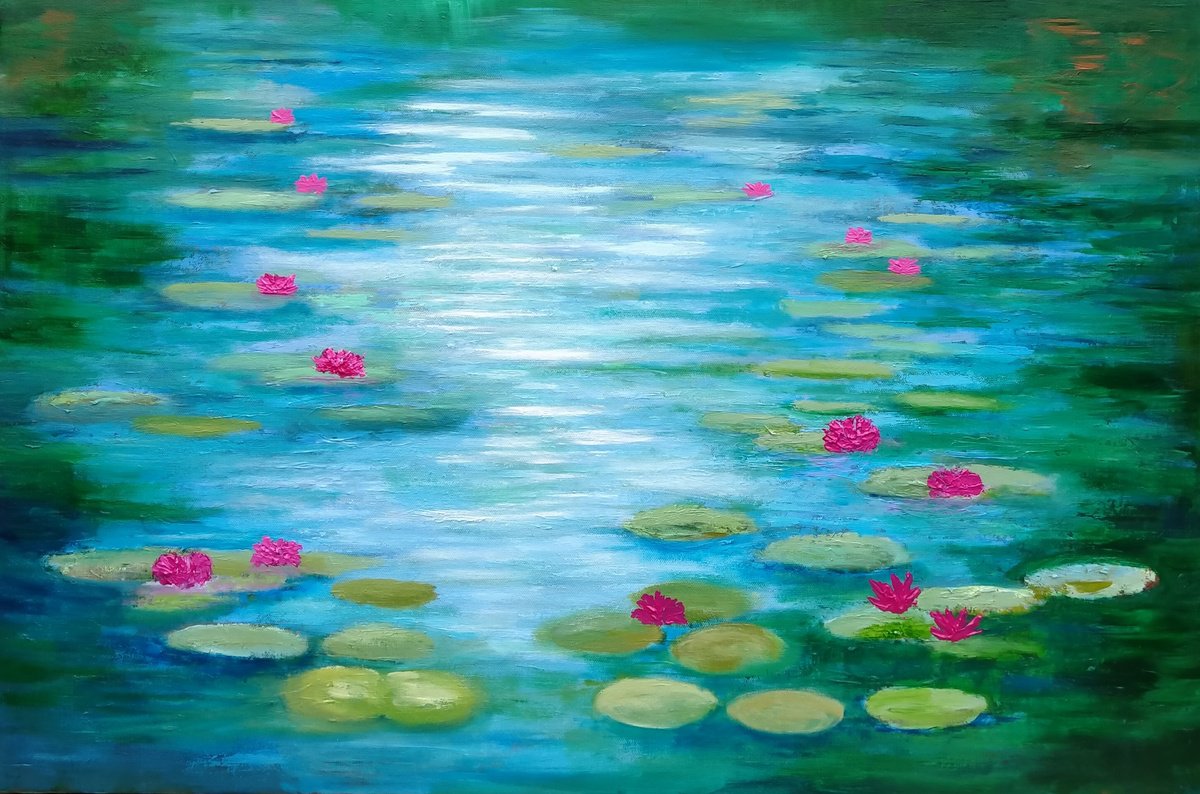  Reflections On Waterlilies By Amanda Horvath, 30 X 20, Artwork For Sale On Artfinder