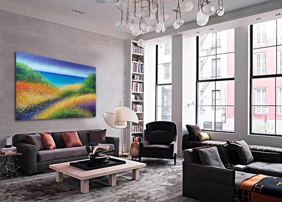 Large painting Seascape and dunes Summer colors Sea and beach Path to the sea Bright landscape