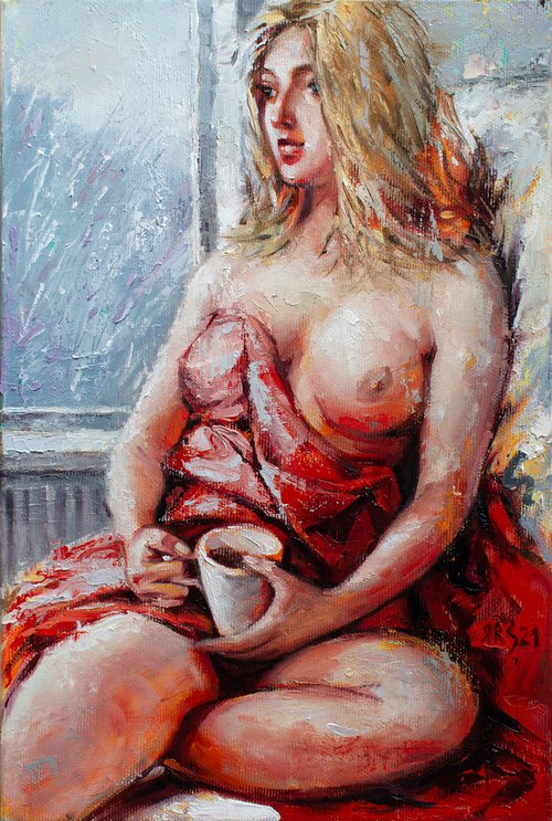 WINTER MORNING - Cozy Days at Home: Beautiful Blonde Enjoying a Cup of Hot Tea by the Window and Watching the Snowstorm by Yaroslav Sobol