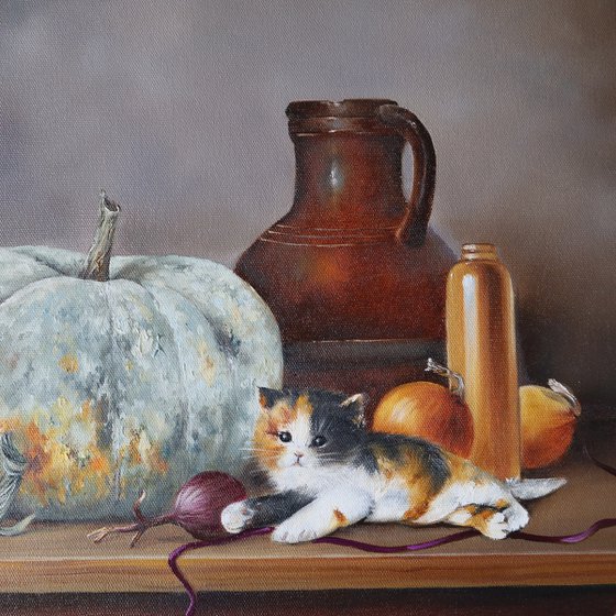 Pumpkin and Kitten Still Life