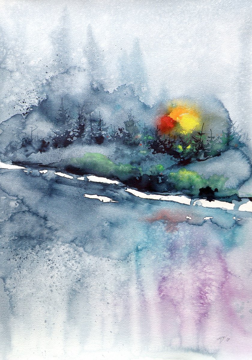 Impressionistic Watercolour , Wintertime Landscape Iv By Kovacs Anna Brigitta, 20 X 28, Artwork For Sale On Artfinder