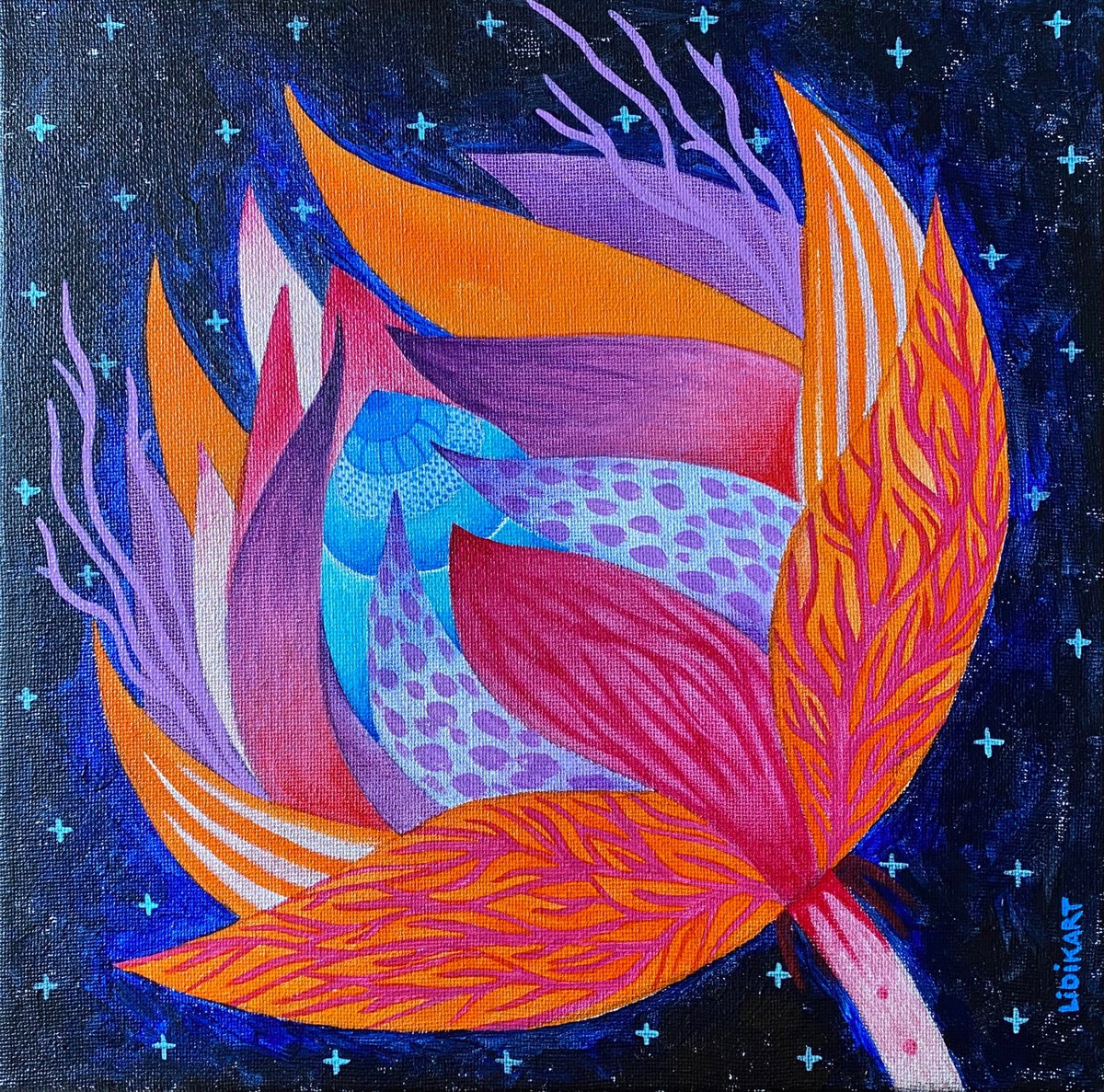 Illustrative Botanical Acrylic Painting By Lidia Matviyenko /Lidikart/, 12 X 12", Flower Of Consciousness, Original Artwork