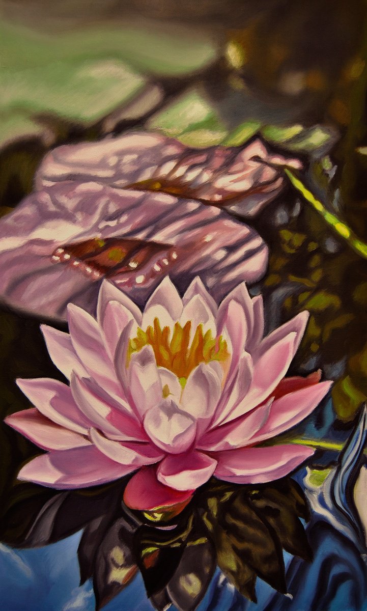Photorealistic Botanical Oil Painting By Simona Tsvetkova, 12 X 20", Water Lilies Iii, Original Artwork