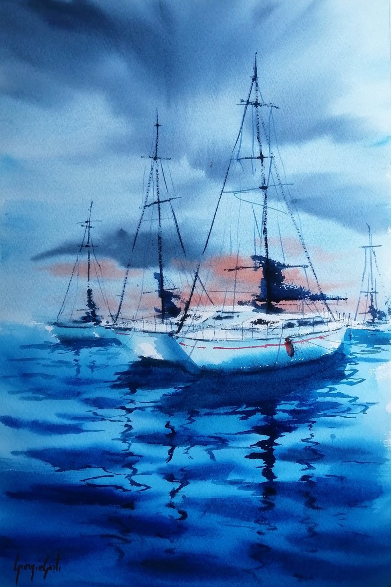 Expressive Landscape Watercolour By Giorgio Gosti, 14 X 21, Boats 79, Original Artwork