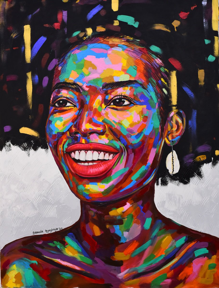 Expressive Portrait Acrylic Painting By Damola Ayegbayo, 36 X 49, Feminine Royalty 2, Original Artwork