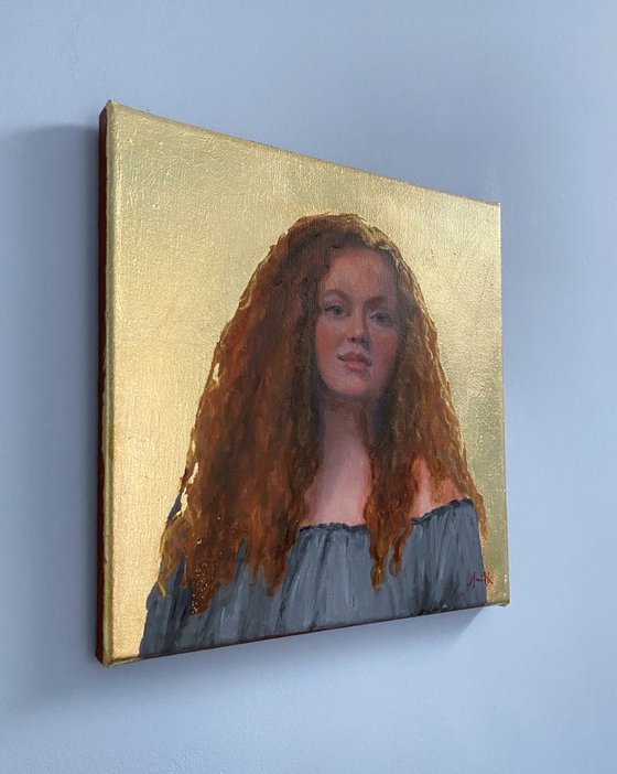 Classical Redhead Portrait with Gold-leaf : Contemporary Oil Painting.