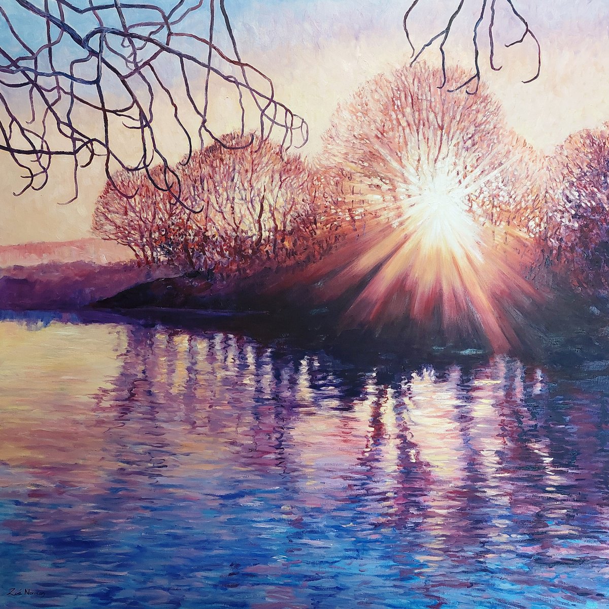 Impressionistic Landscape Oil Painting By Zoe Elizabeth Norman, 36 X 36", Morning On The Norfolk Broads, Original Artwork