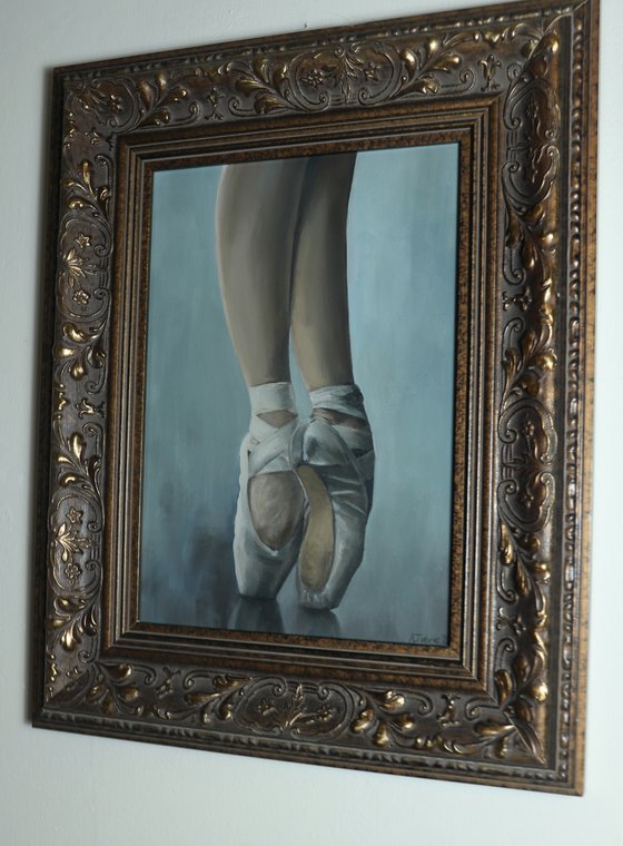 Ballet Feet in Grey, On Pointe Painting, Ballerina, Dance, Framed and Ready to Hang, Feet on Tip-Toes