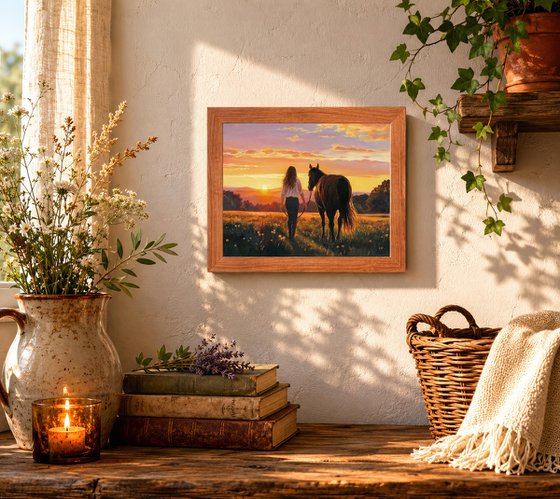 Woman walking with a horse in a sunset field