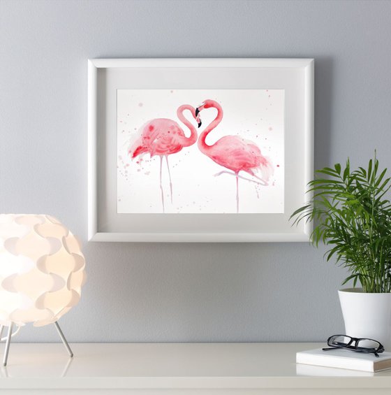 Flamingos Heart #2 - Two Pink Flamingos, Love, Romantic, Tropical birds, Exotic Birds, Valentines day gift, Flamingo Artwork
