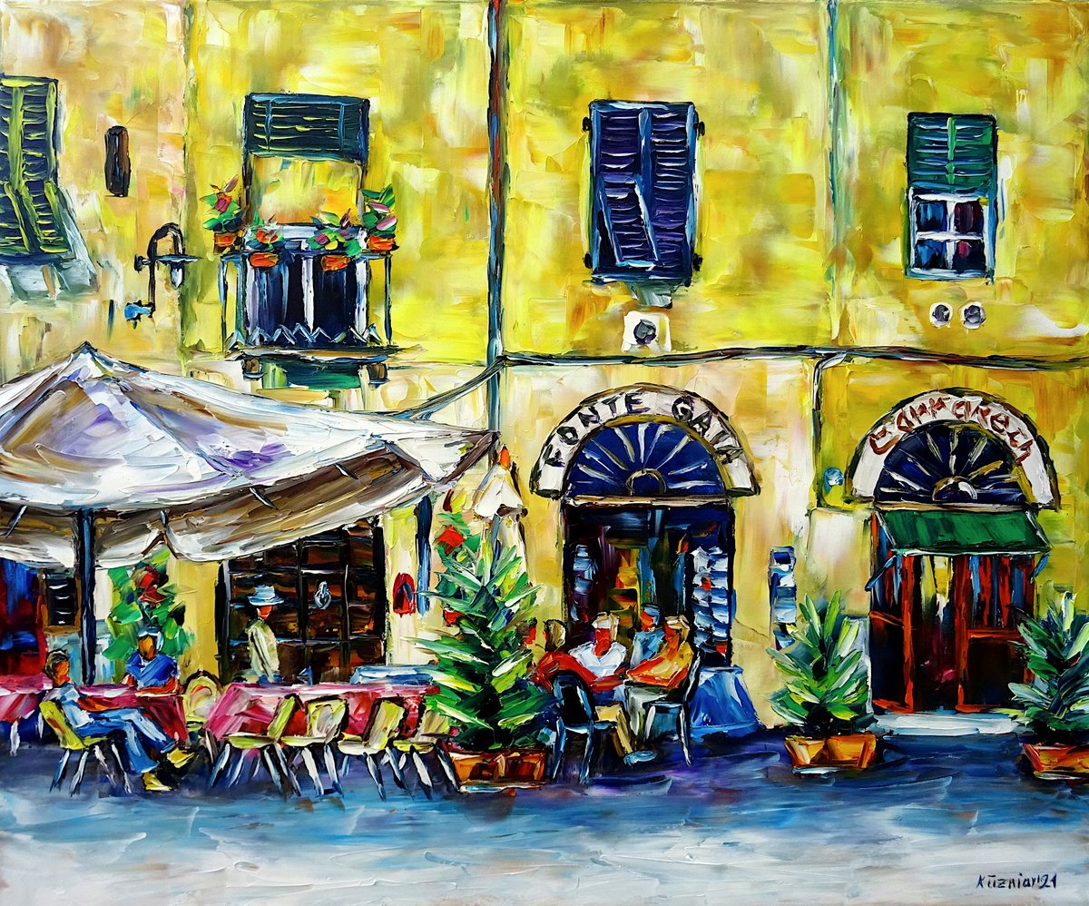 Expressive Cityscapes Oil Painting By Mirek Kuzniar, 24 X 20", Lucca, Piazza Anfiteatro, Original Artwork