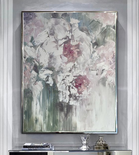 Charm Summer .White peonies painting, floral art.