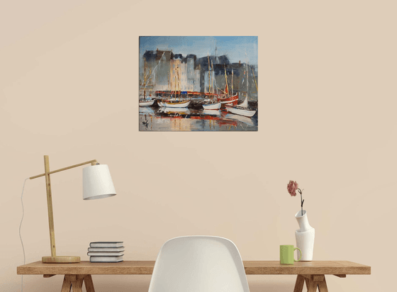 Honfleur harbor. Original oil painting medium size impressionism boats bright sea seascape france normandy sun light