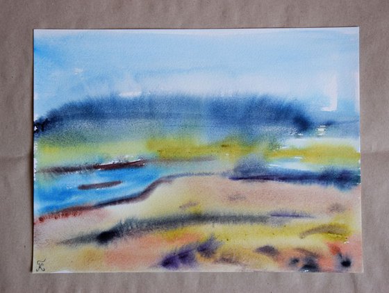 Iceland Abstract landscape original watercolor painting, wet in wet technique